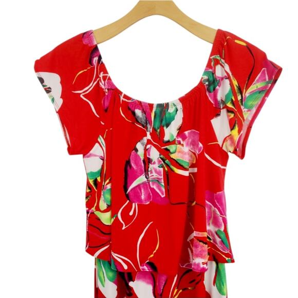 Susan Graver Liquid Knit Red Floral Maxi Dress Sz S Tank Style Overlay EUC Boho - Picture 4 of 10